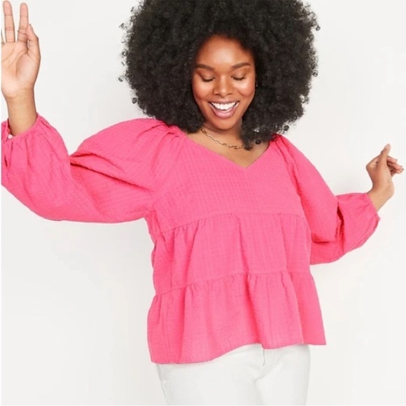 Old Navy Pink Trance Tiered Seersucker Long-Sleeve Swing Top Large - Picture 1 of 9